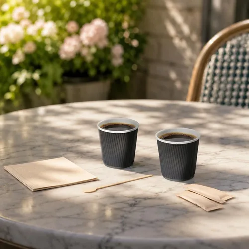 Vista 4 de Tazas para café de papel aislado, pared ondulada, kraft, 12 onzas - Caja de 25 unidades - tapas a juego: RWA0360B, RWA0360W, RWA0328LG, RWA0328GR