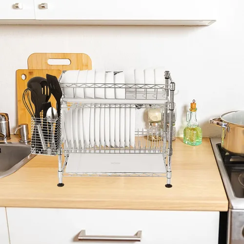 Vista 3 de happimess DSH1002A Brooklyn - Escurridor de platos ajustable de 2 niveles con soporte para cubiertos, acero al carbono duradero para varios