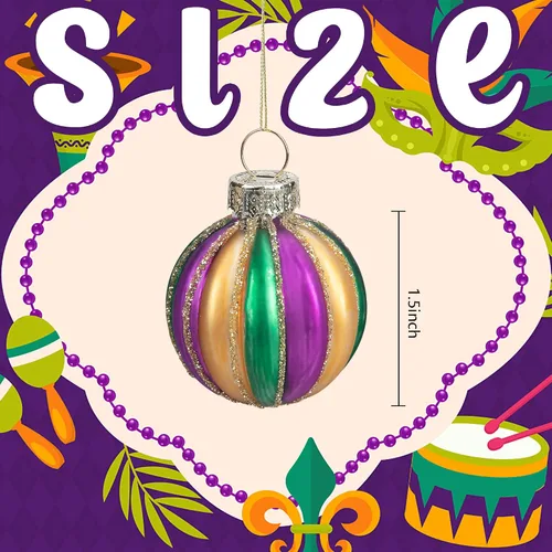 Vista 2 de Watayo 12 adornos de bola de vidrio Mardi Gras, bolas colgantes con purpurina de 1.5 pulgadas, adornos morados de Nueva Orleans, verde, adornos