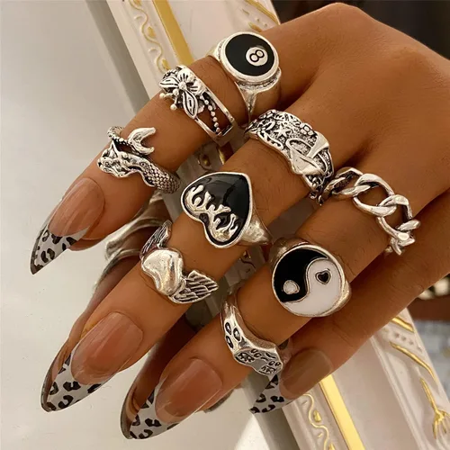 Vista 9 de FAXHION Anillos de acero inoxidable para hombres y mujeres, anillos punk abiertos de plata vintage para hombres y mujeres, Plata, acero inoxidable