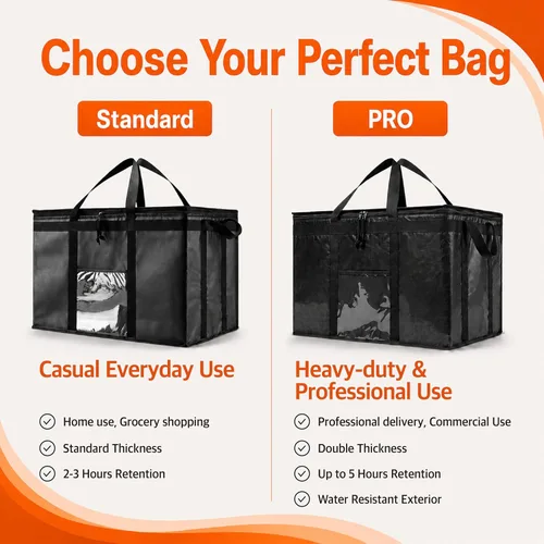 Vista 7 de Bolsa térmica XXL aislada y calentador de alimentos para entrega y compras de comestibles con parte superior con cremallera, color negro