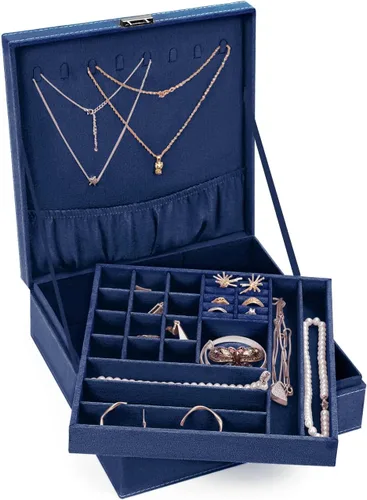 Vista 5 de MOSISO Joyero organizador apilable de doble capa con cerradura para mujeres, collar de terciopelo, aretes, pulsera, anillo y broche, color azul