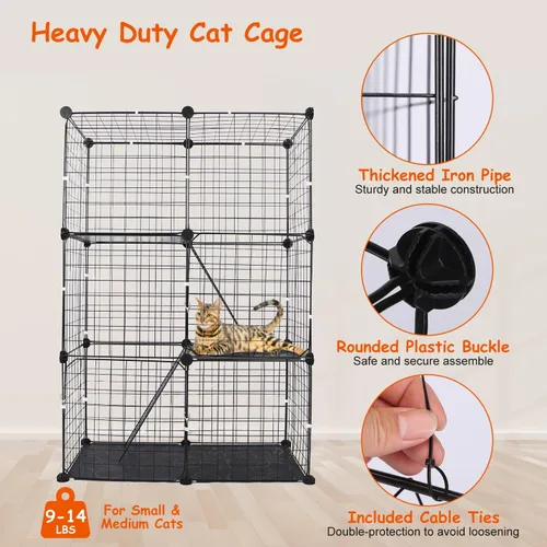 Vista 4 de Jaula de 3 niveles para gatos, casa de metal para interiores, casa desmontable para gatitos con 3 puertas, 2 escaleras, lugar de ejercicio