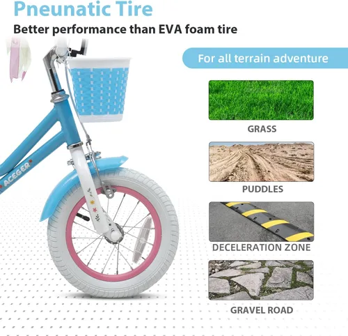 Vista 5 de ACEGER Girls Bike with Basket for Ages 2-12 Years Old Kids, 12 14 16 18 Inch with Training Wheels，Princess Style with Streamers, Handbrake & Coaster
