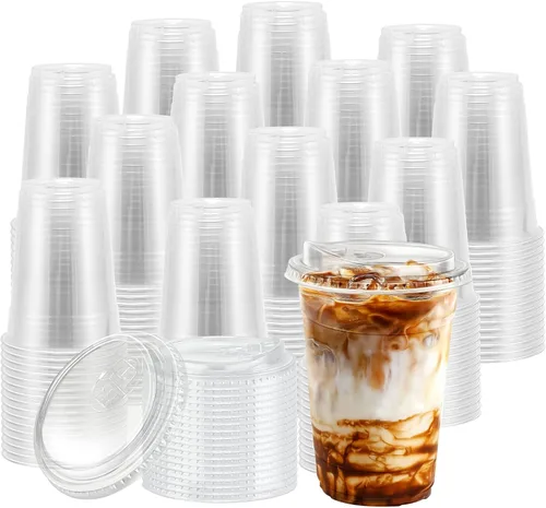 Vista 10 de BYSNOW Paquete de 100 vasos de plástico transparente de 16 onzas con tapas, tazas desechables para café helado con tapas para sorber, vasos