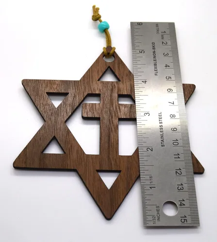 Vista 6 de Star of David with the cross walnut or Basswood wooden cutout ornament wall art 5" Messianic Jewish gift (Brown)
