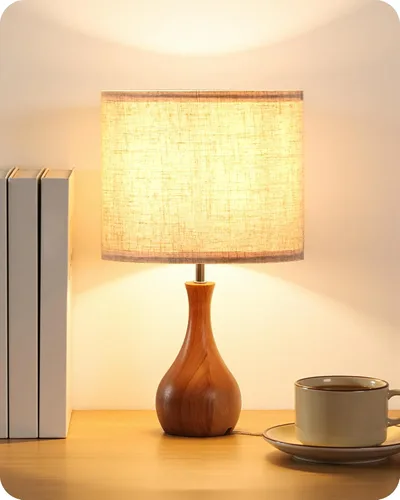 Vista 14 de LE09TLP205 - Juego de 2 lámparas de mesa de madera, lámpara de noche pequeña con pantalla de lino beige y base de madera natural oscura, lámpara