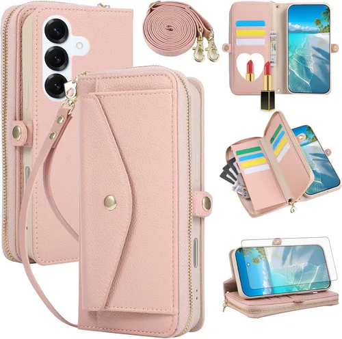 Vista 30 de Asuwish Funda de teléfono para Samsung Galaxy S23 5G con cremallera, funda para celular con protector de pantalla, correa para el hombro, espejo