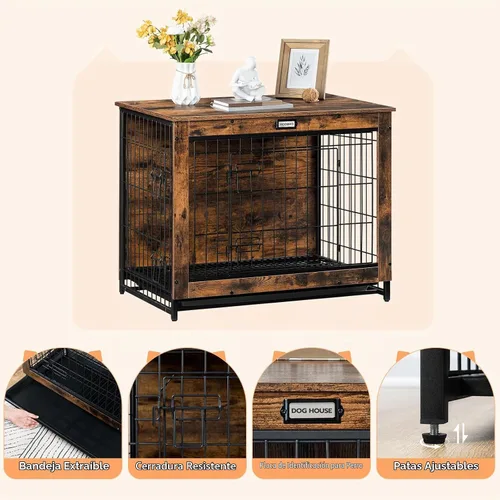 Vista 8 de Mueble de jaula para perros, perrera pequeña de 25.5 pulgadas para interiores, jaula de madera con bandeja extraíble, mesa auxiliar lateral que