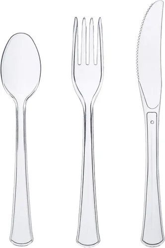 Vista 8 de Party Essentials - Paquete combinado de cubiertos de plástico extra resistentes, tamaño completo, cuchillos/tenedores/cucharas, negro, juego para 8