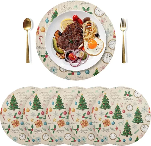 Vista 3 de Christmas Trees Beige Table Place Mats, Heat Resistant Non Slip Dinner Placemats Round for Kitchen one sizex6