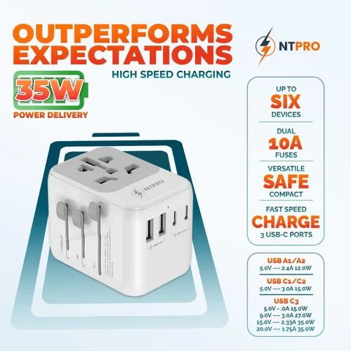 Vista 3 de Adaptador de viaje universal 6 en 1-10A Adaptador de corriente internacional con 3 puertos USB C, 2 puertos USB A Cargador portátil rápido