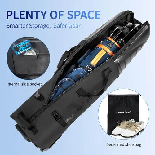 Vista 2 de Bolsa de viaje de golf con parte superior rígida de ABS – Bolsa de golf con tela impermeable 1680D, acolchado de 0.276 in y ruedas – Accesorios