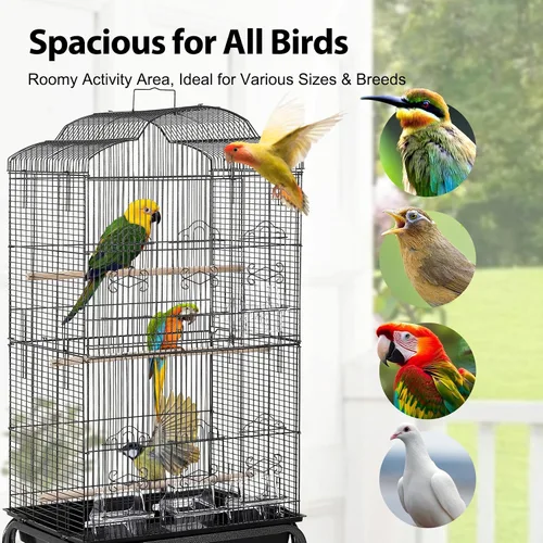 Vista 7 de Jaula grande de metal para pájaros de 60 pulgadas con soporte, jaula de loro rodante con estante de almacenamiento, bandeja deslizante, perca