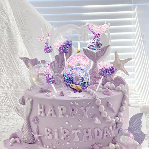Vista 7 de 6 velas de cumpleaños de 2.5 pulgadas con temática de sirena, 1 vela número 6, 3 velas de cola de sirena, 2 velas de concha para decoración
