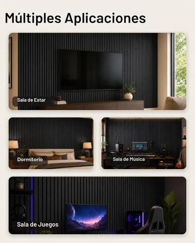 Vista 3 de Paneles de pared de listones de madera acústica, paquete de 4 unidades de Negro