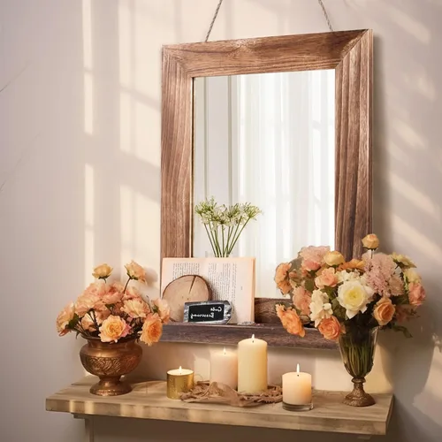Vista 2 de QDSSDECO Espejo de pared de 16"×20" con estante, decoración de estilo granja, espejo rectangular colgante para baño, tocador, dormitorio, entrada