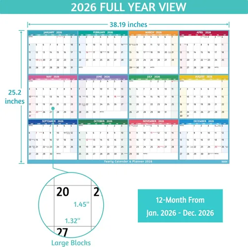 Vista 4 de Calendario anual de pared 2026, calendario anual grande 2026, enero 2026 - diciembre 2026, 25.2 x 38.2 pulgadas (abierto), calendario 2026