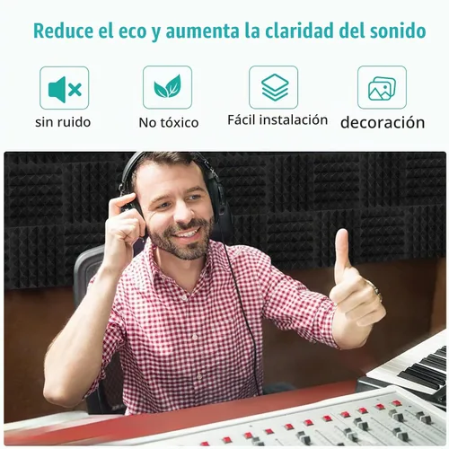 Vista 5 de Paquete de 50 paneles de espuma acústica, 2 paneles de espuma a prueba de sonido diseñados piramidalmente para paredes, paneles de sonido de alta