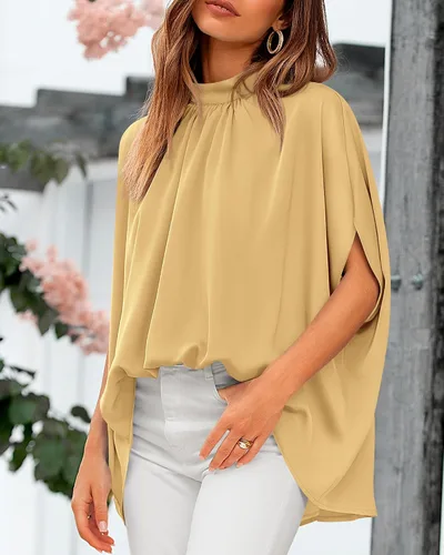 Vista 109 de BTFBM Blusas de verano para mujer, cuello alto falso, manga murciélago, holgadas, dobladillo alto y bajo, blusas informales de gran