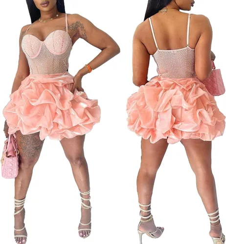 Vista 3 de PORRCEY Vestido sexy de perforación en caliente para mujer, con diamantes de imitación, ajustado, para fiesta, club, salida nocturna, ropa de club