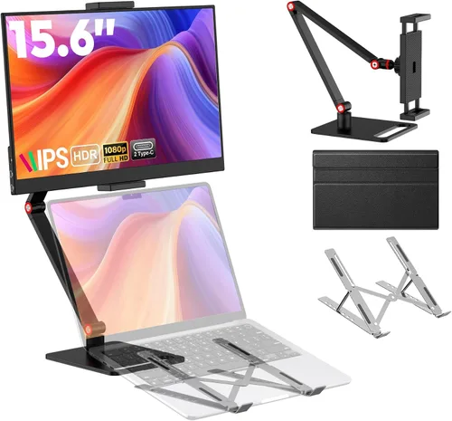 Vista 11 de Monitor portátil de 15.6 pulgadas, FHD 1080P 100% sRGB blanco con soporte ajustable, monitor de viaje ultra delgado con protección ocular, Plug and