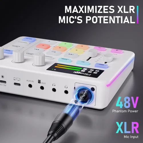 Vista 3 de Facmogu G9 Mezclador de Audio, Mezclador de PC RGB para Transmisión con Interfaz XLR para Micrófono, Control de Volumen, Botón de Silencio