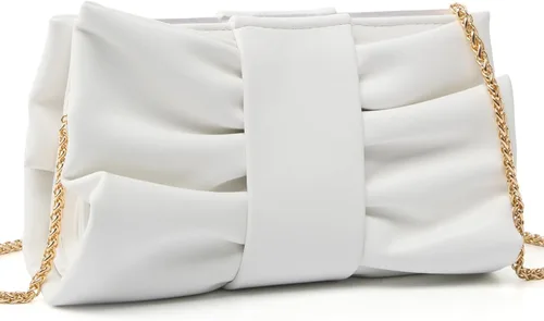Vista 7 de Elegante bolso de mano con lazo para mujer, suave y plisado, bolsa de noche de poliuretano con cadena desmontable para fiesta de graduación, boda