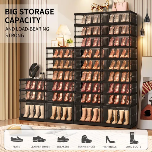 Vista 4 de CIMLORD Estante de zapatos plegable de 3 niveles para armario y entrada, 3-6 pares, cajas de almacenamiento de zapatos apilables transparentes
