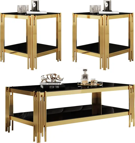Vista 23 de SSLine Mesa de centro de cristal negro con marco de acero inoxidable dorado, mesa de centro rectangular de lujo de 2 niveles para sala de estar Café