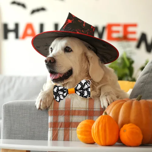 Vista 5 de Collar de perro de Halloween con corbatín, collar ajustable de vacaciones con estampado de fantasma con hebilla resistente, 3 tamaños para perros