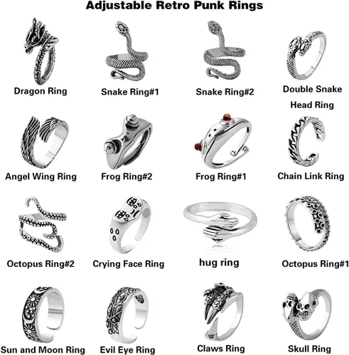 Vista 2 de AIDSOTOU - Juego de anillos abiertos vintage para hombre, con diseño de rana, serpiente, calavera, estilo gótico, punk, para hombres, mujeres
