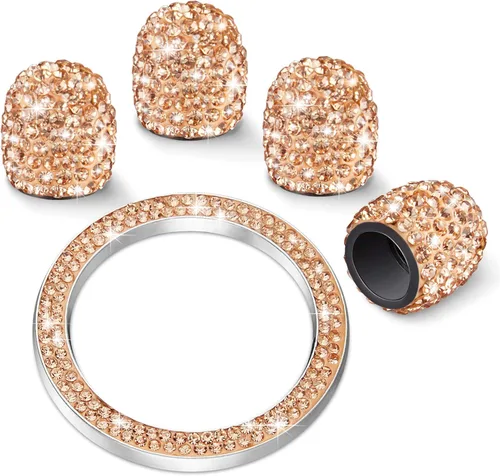 Vista 9 de WINKA 4 tapones para válvula de neumático de automóvil con diamantes de imitación, 1 cubierta de botón de motor de automóvil, anillo de encendido