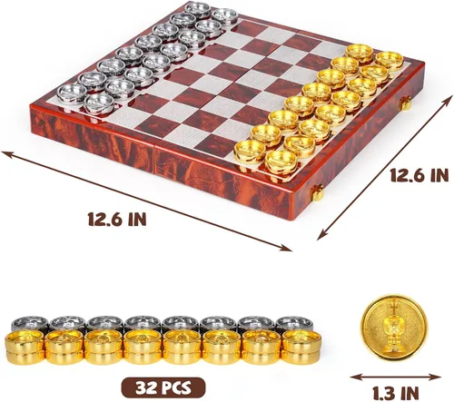 Vista 6 de Juego de ajedrez y damas de metal 2 en 1 para adultos y niños - Juegos de ajedrez de viaje de lujo de madera plegable con almacenamiento - Juego