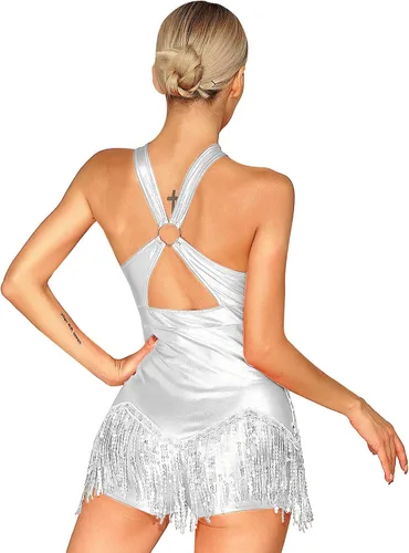Vista 2 de iiniim Leotardo de jazz con lentejuelas para mujer, con flecos, borla para baile latino, ropa de baile