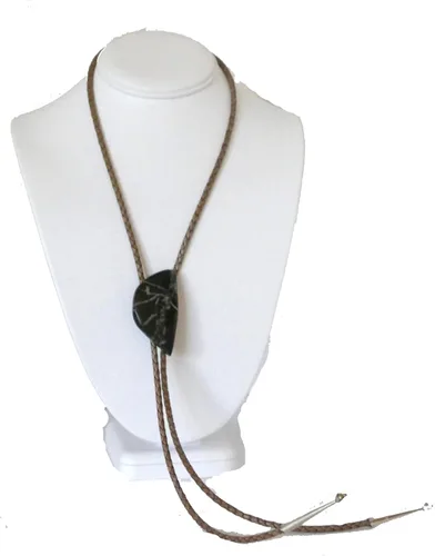 Vista 3 de Bolo Tie with an Irregular Shaped Piece of Maroon Jasper with Tan-Grey Lines "Chinese Writing" on Leather cord with Sterling Silver Tips