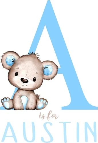 Vista 4 de Arte de pared personalizado con diseño de oso de acuarela azul para bebé niño, decoración de guardería, sin marco, monograma inicial de letra