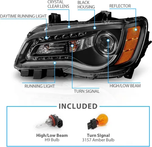 Vista 3 de AmeriLite Par de faros delanteros para faros delanteros de tubo LED negro para Chrysler 300 Sedan OE+ 2011-2014, lado del pasajero y del conductor