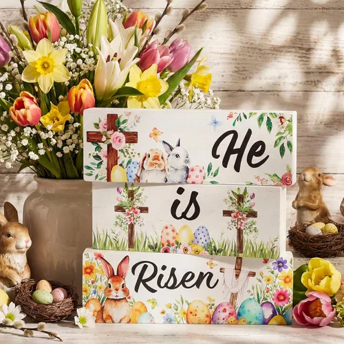 Vista 6 de Qunclay Juego de 3 letreros de mesa de madera con texto en inglés "He is Risen" para decoración de mesa de madera de Pascua, centro de mesa