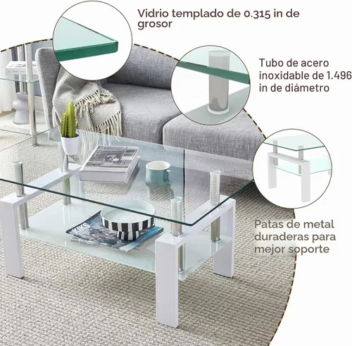 Vista 5 de Mesa de centro rectangular de vidrio de 39.4 pulgadas, mesa de centro blanca con vidrio templado y patas de metal, mesa central moderna de 2 niveles