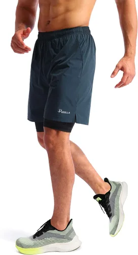 Vista 3 de Pudolla Mens 2 in 1 Running Shorts 7" Quick Dry Gym Athletic Workout Shorts for Men with Phone Pockets