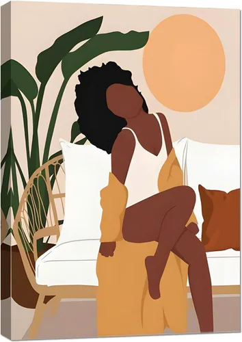 Vista 13 de Lienzo con estampado bohemio de mujer negra y flores, decoración de niña afro, póster de moda, enmarcado listo para colgar