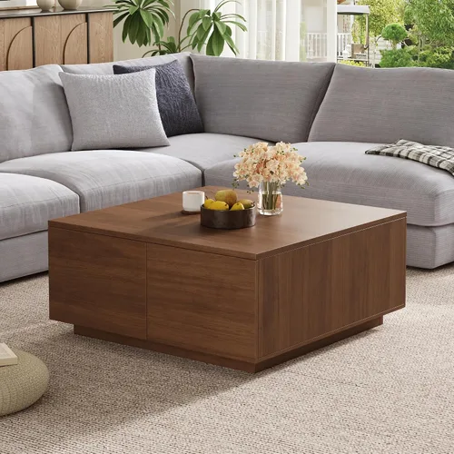 Vista 21 de SSLine Mesa de centro cuadrada con 4 cajones de almacenamiento, mesa de centro de madera negra de 33.2 pulgadas para sala de estar, mesas centrales