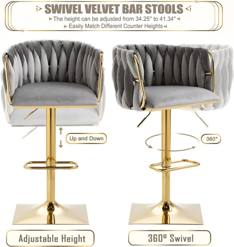 Vista 5 de Juego de 2 taburetes de bar giratorios de terciopelo, taburetes de bar ajustables y cómodos, silla de comedor moderna con respaldo tejido, taburetes