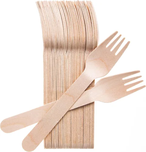 Vista 2 de Weemium Tenedores de madera desechables – 100 tenedores compostables de 6.5 pulgadas sin astillas, utensilios de tenedores desechables
