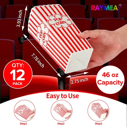 Vista 2 de Contenedores desechables de 46 onzas de cartón a rayas rojas y blancas para noche de cine (paquete de 12)