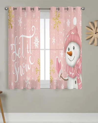 Vista 3 de Cortinas traslúcidas de muñeco de nieve rosa rubor de 39 pulgadas de largo, juego de 2 paneles de cortinas para cocina, dormitorio, sala de estar