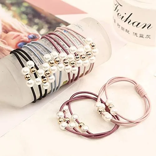 Vista 3 de Accesorios para el cabello, bandas elásticas de goma con perlas, anillo para la cabeza, banda elástica para el cabello, soporte para cola de 4PCS