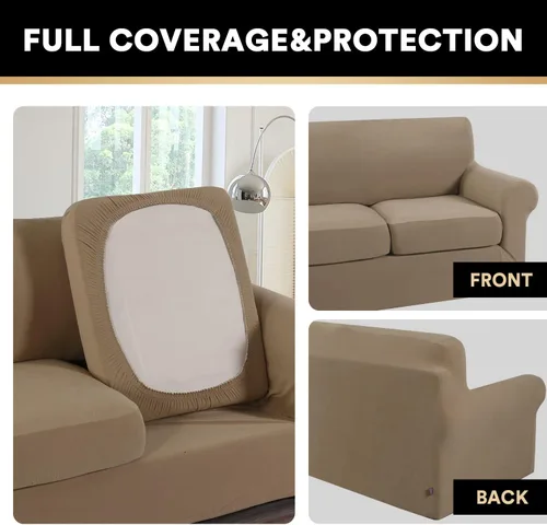 Vista 6 de PrinceDeco - Funda elástica y suave de 3 piezas para sofá, lavable, 2 fundas para cojines separados, protector elástico de muebles para niños y Arena