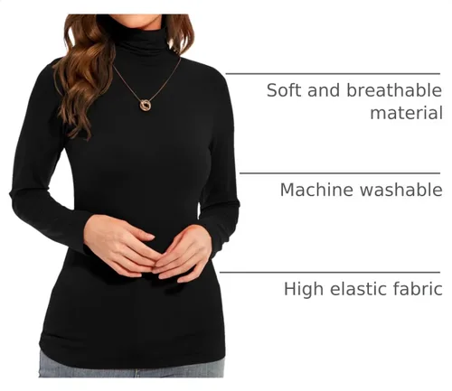 Vista 4 de Camiseta térmica de manga larga para mujer, cuello alto negro, ligera, manga larga, cuello de tortuga negra, talla S